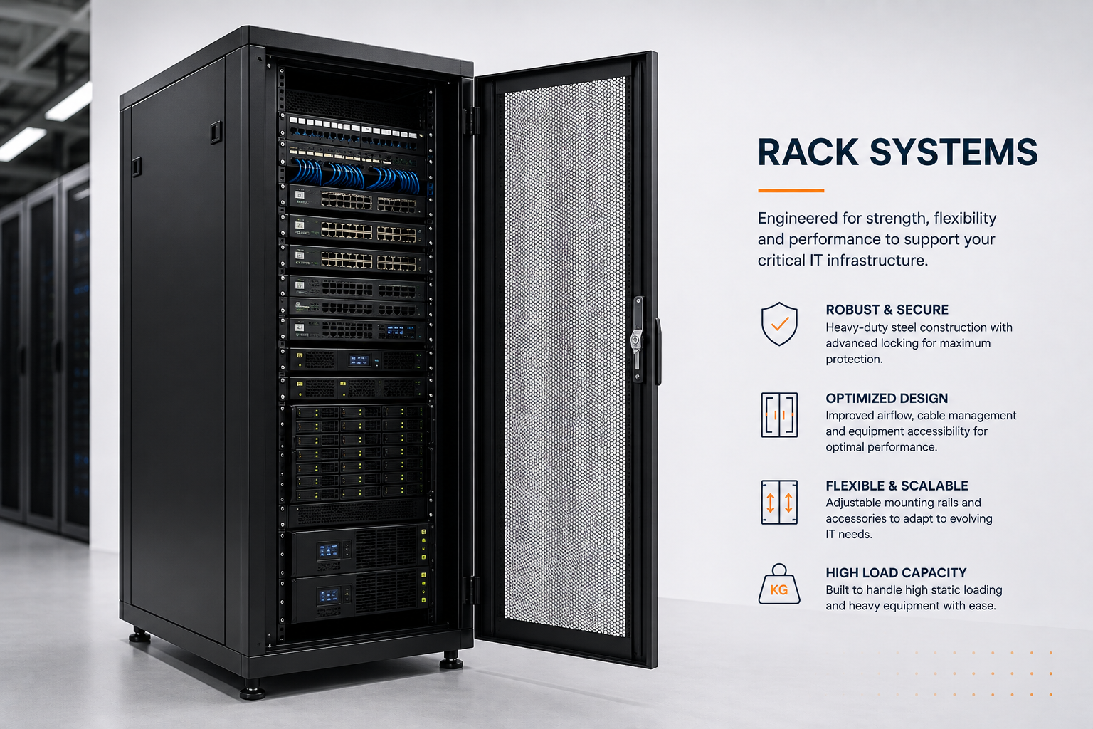 InfraPhase rack system fully loaded with networking and server equipment