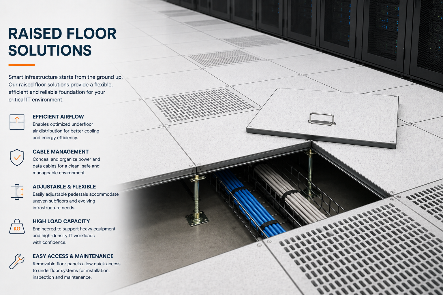 Raised access floor with removable panel over underfloor cabling