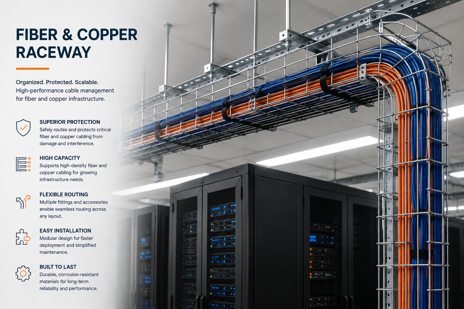 Overhead fiber and copper cable raceway system