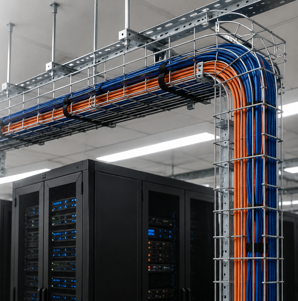 Overhead fiber and copper raceway above a server row